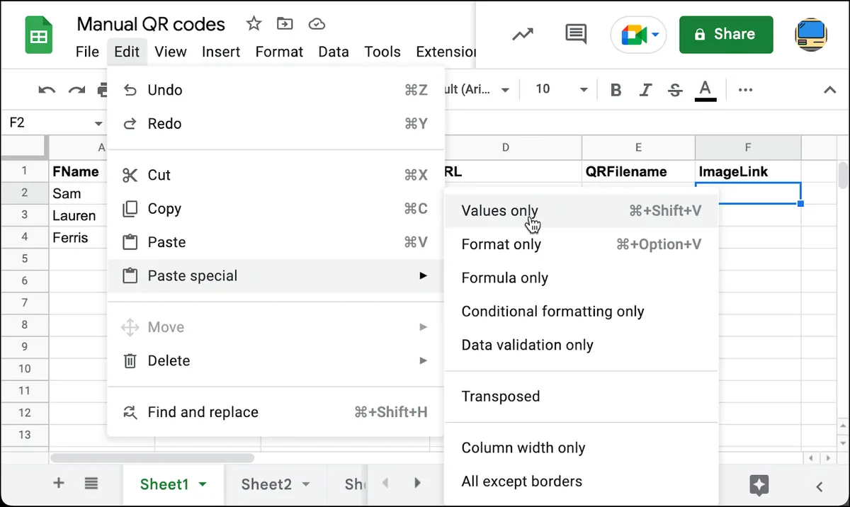 Paste the image links back to your main spreadsheet