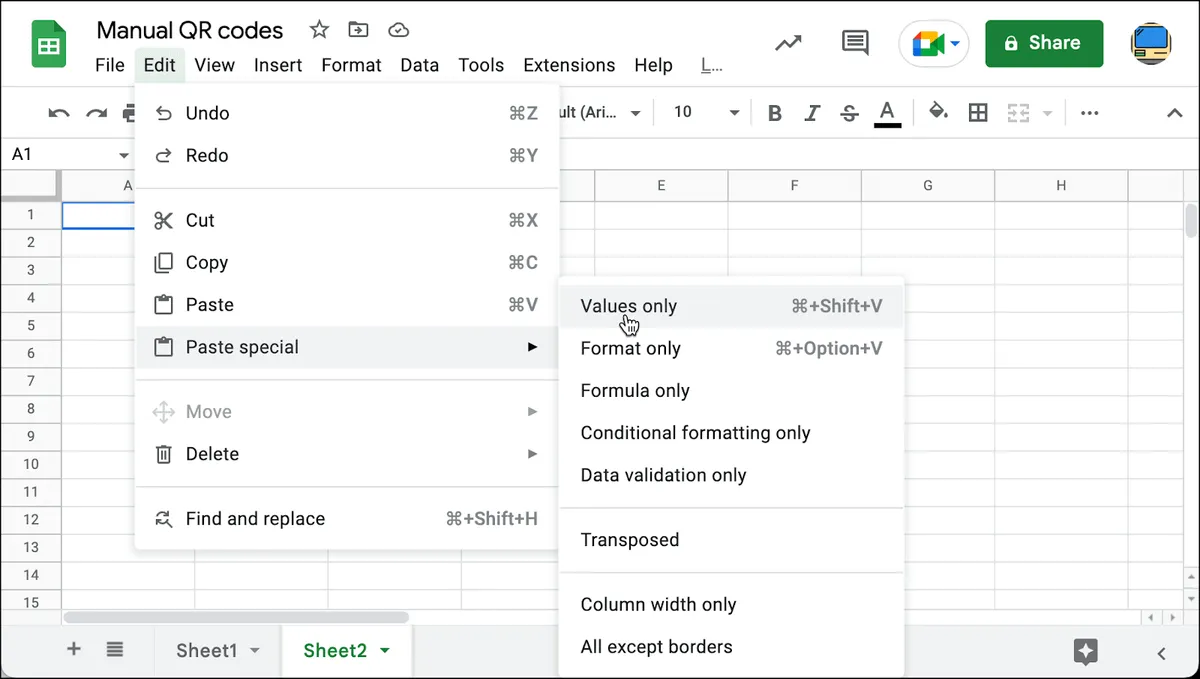 Paste as values in another sheet