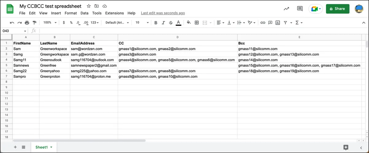 Prepare your Google Sheet with CC and BCC fields