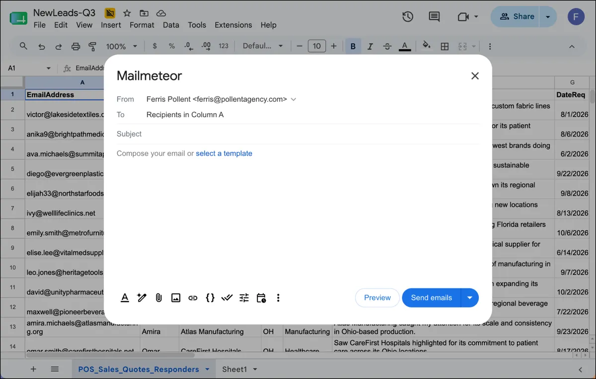 Mailmeteor works inside Google Sheets