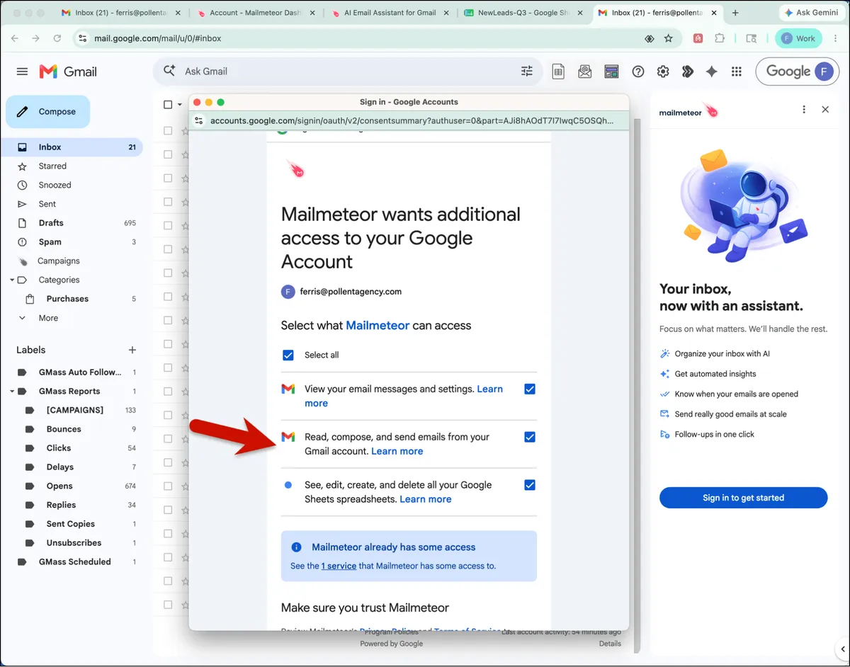 Other Mailmeteor tools ask for more permissions