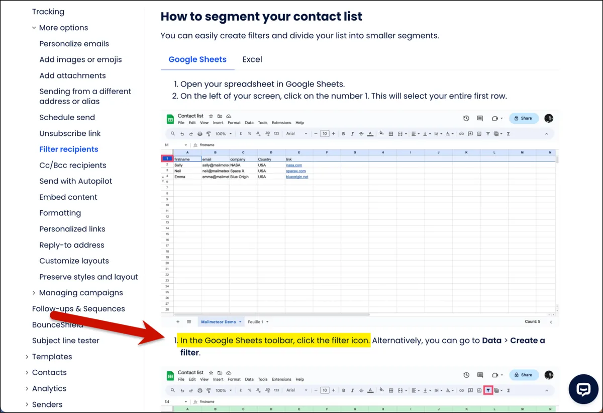 Mailmeteor's segmentation is setting a Google Sheets filter