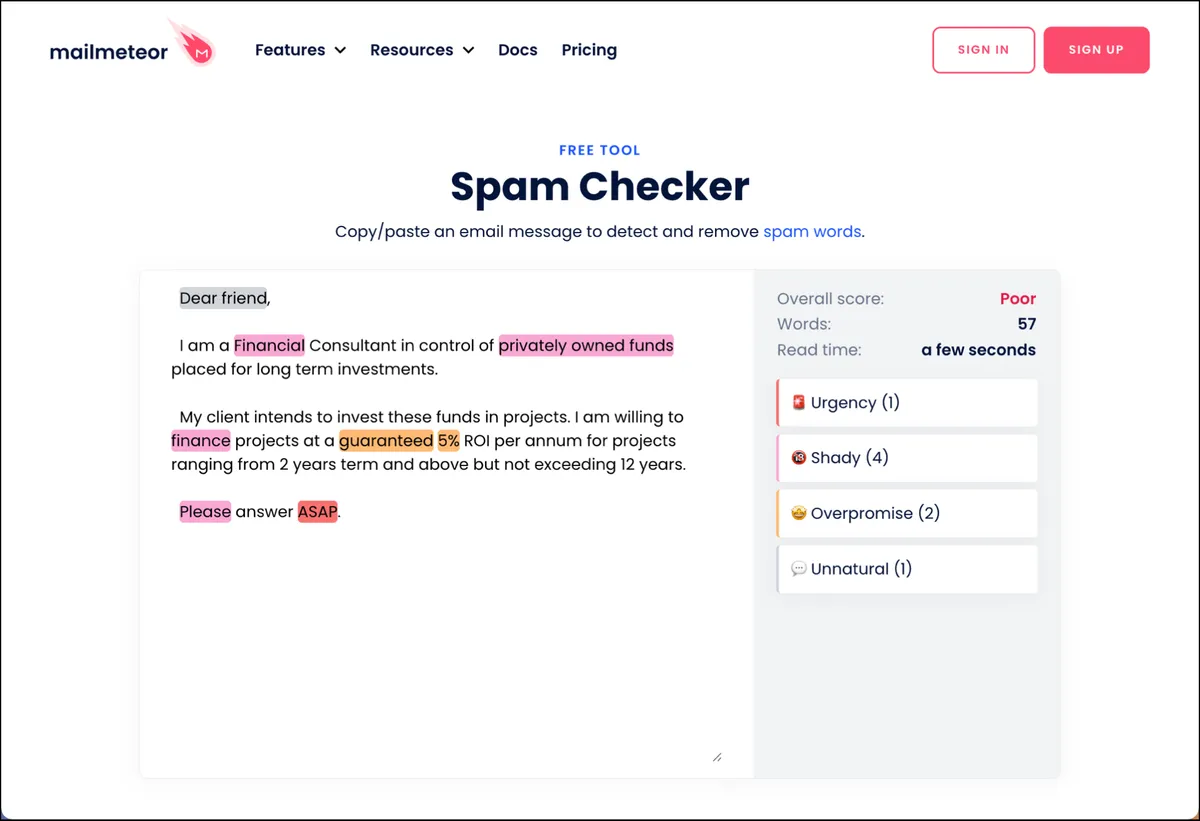 Mailmeteor's Spam Checker is a basic word hunting tool