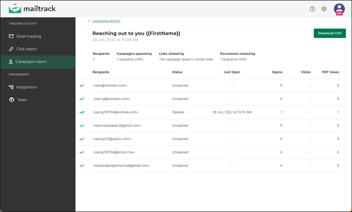 Mailtrack's campaign report