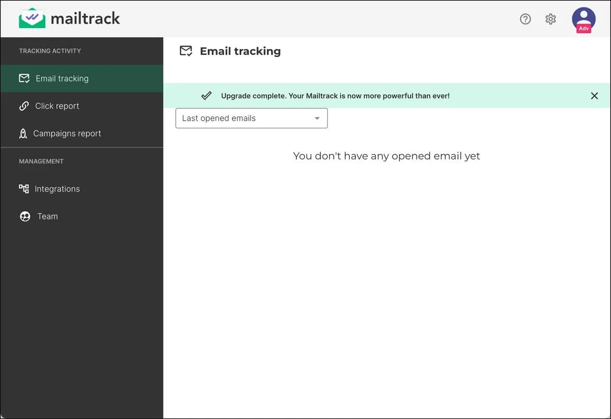 Mailtrack post-signup dashboard