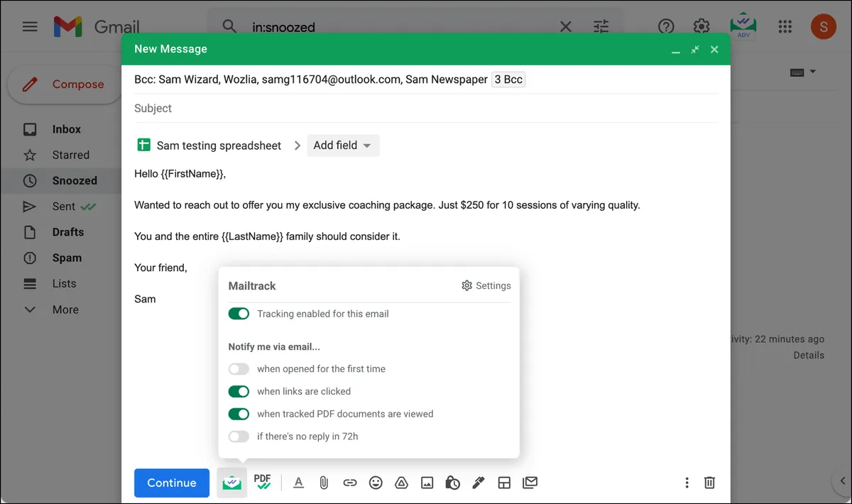 Mailtrack mail merge settings do not exist