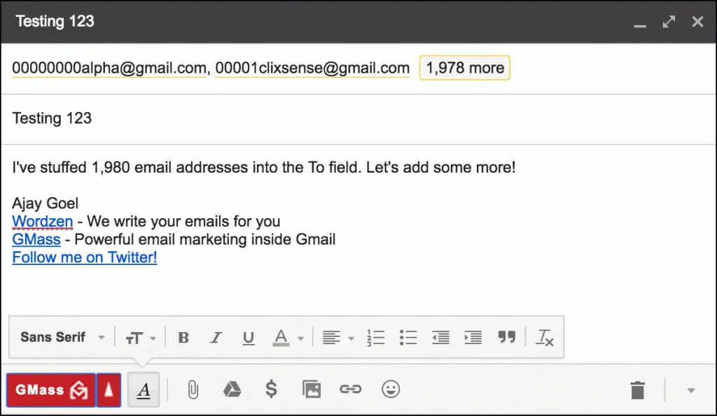 How many email addresses will the Gmail Compose window hold?
