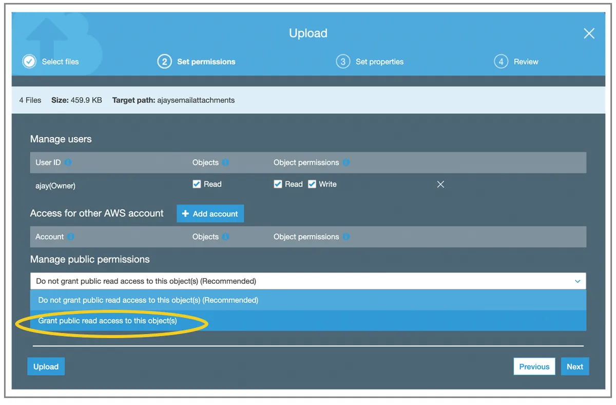 Grant public read access to object in Amazon S3