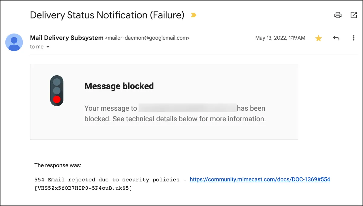 A block notication from Mimecast