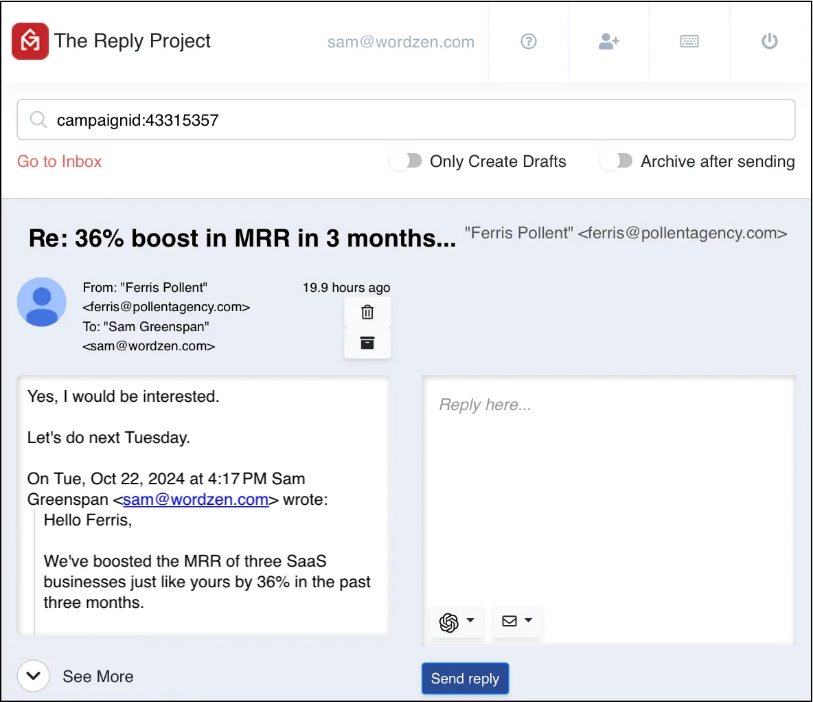 The Reply Project interface