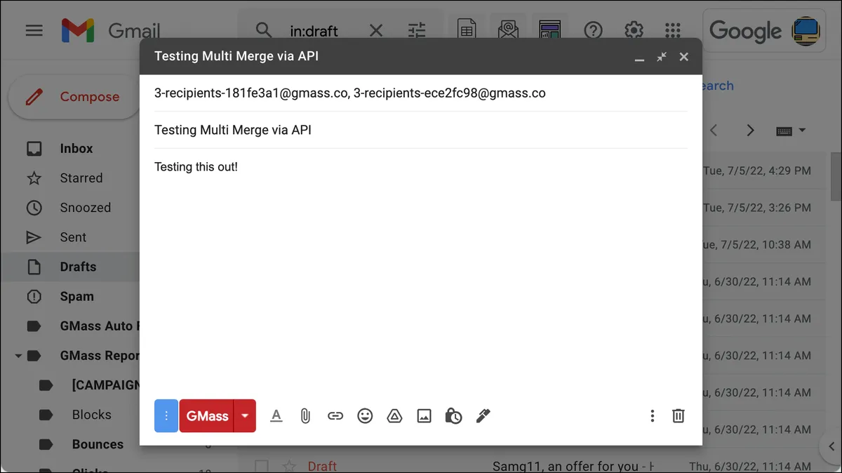 A draft created with Multi Merge via the API