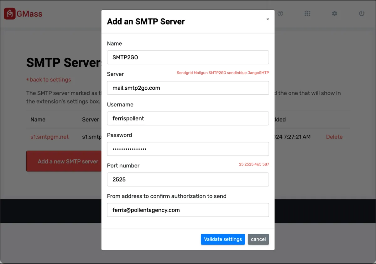 Add your new server by entering the credentials
