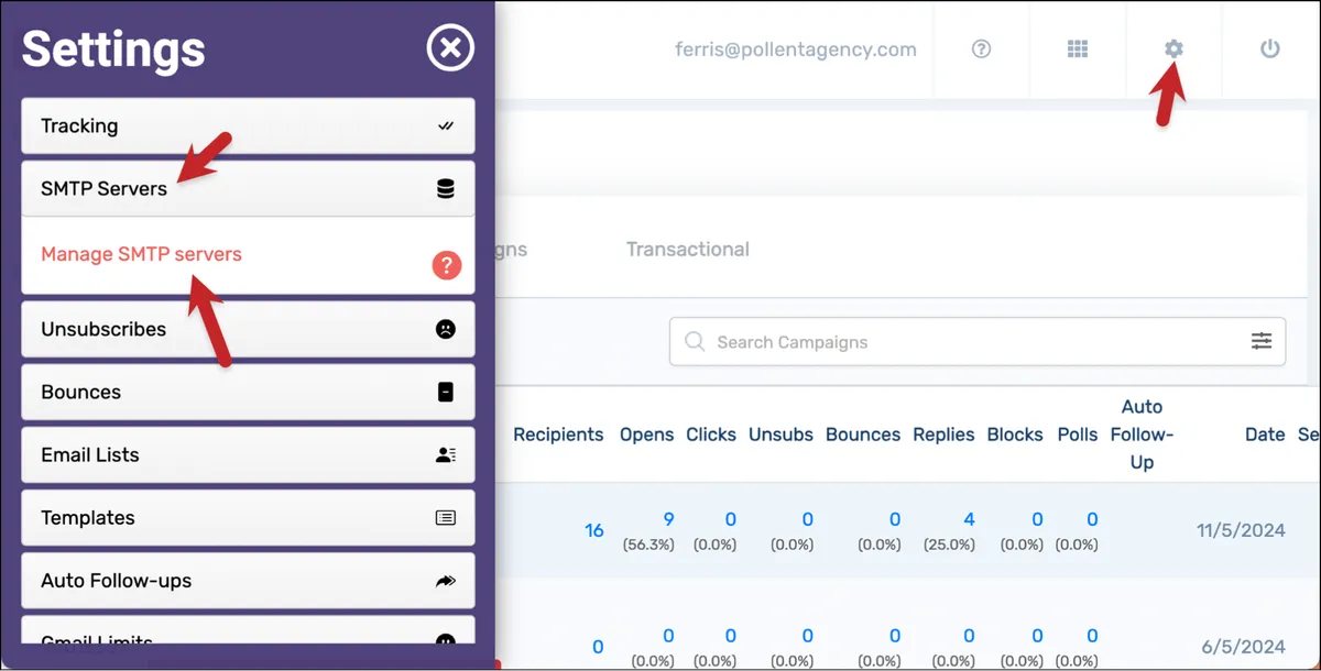 Go to the manage SMTP servers area in the dashboard