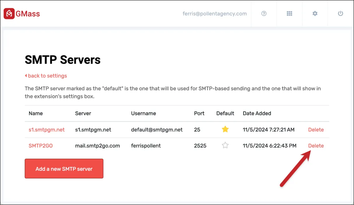 You can delete a server from this screen