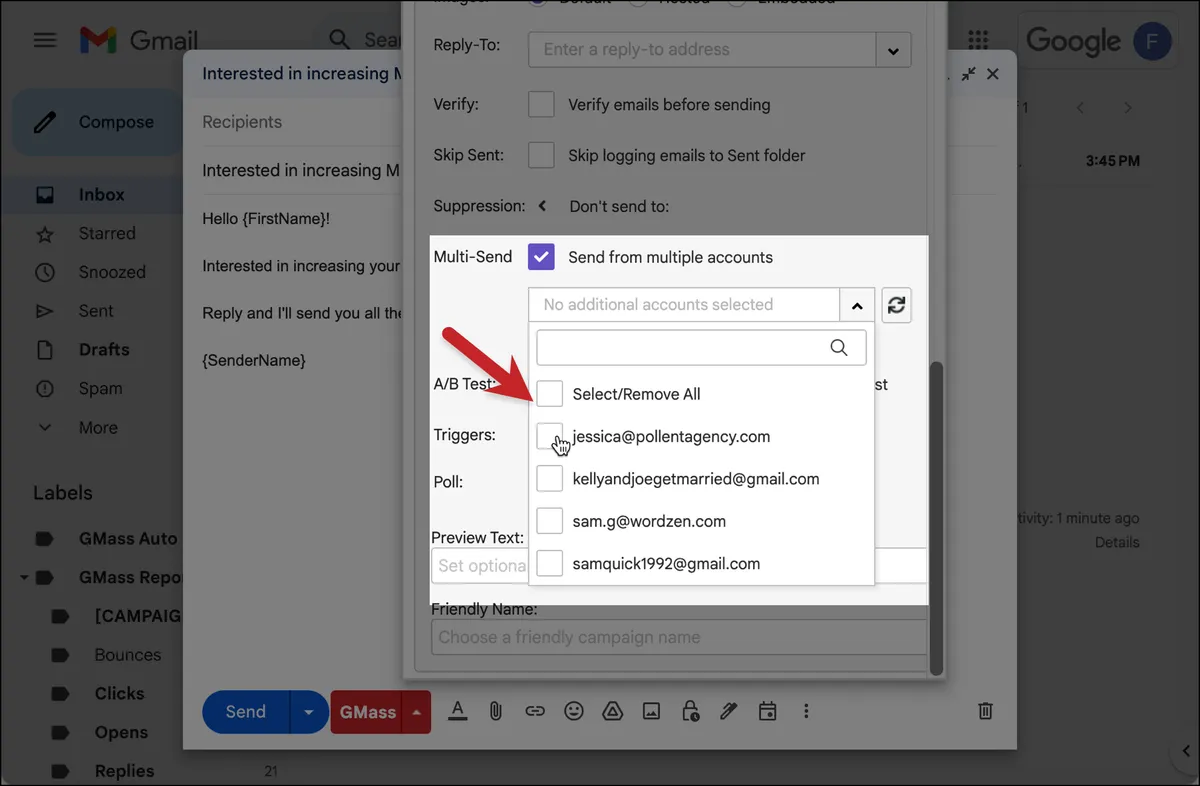 Select or remove all additional accounts from sending