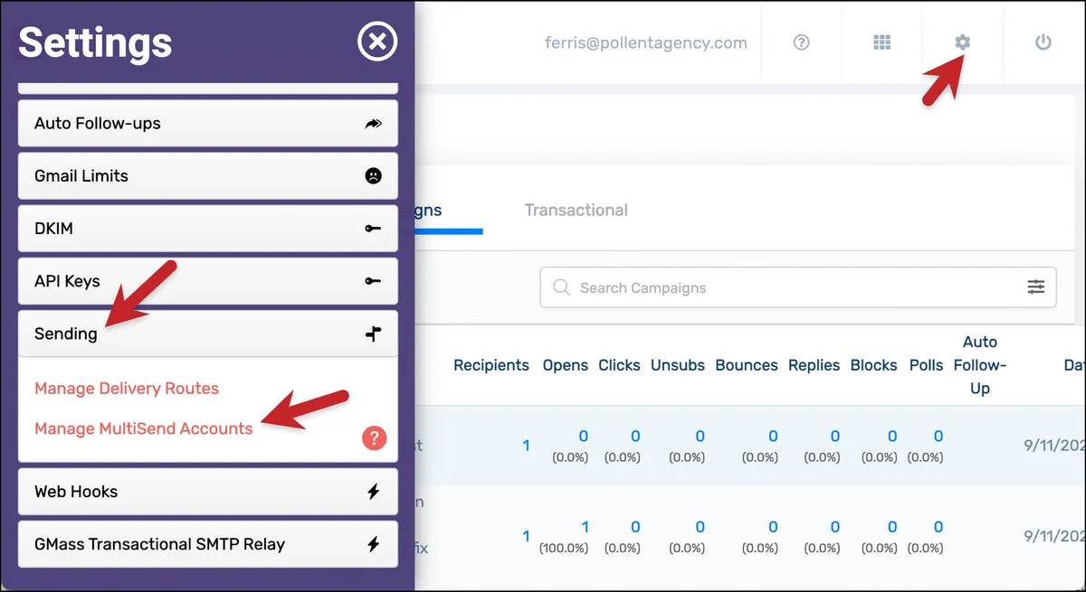 Access the MultiSend settings in the GMass dashboard