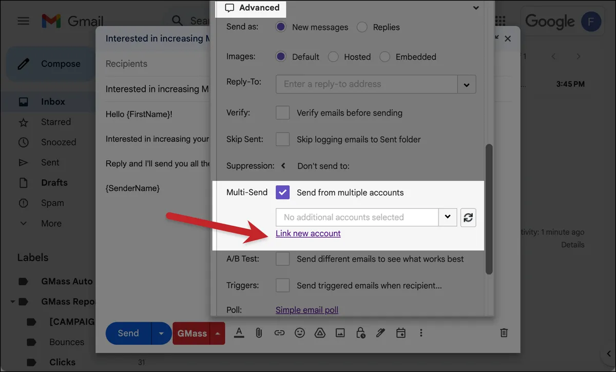 Linking a new additional account from the GMass settings box