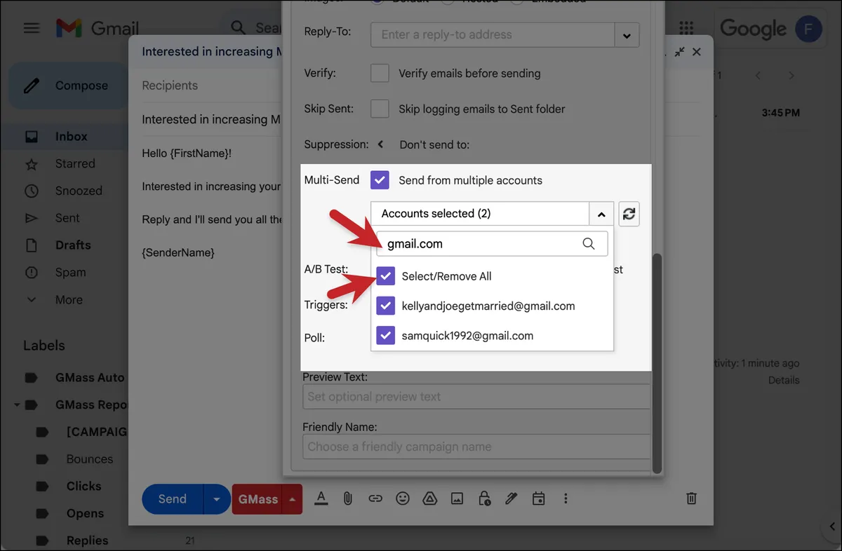 Use the search box to find sending accounts