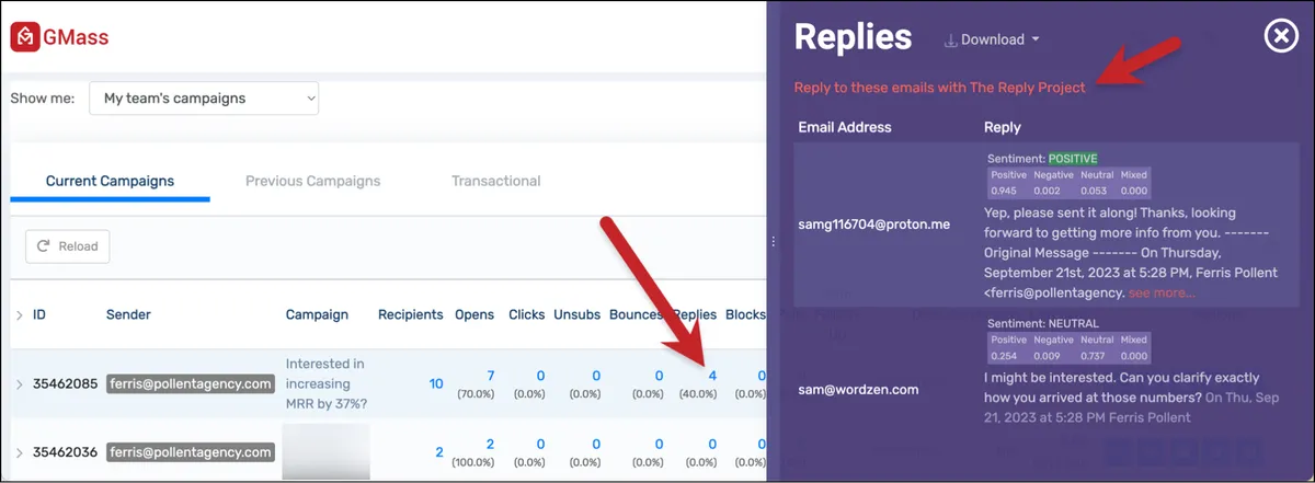 Click the number of replies in the dashboard, then the Reply Project link