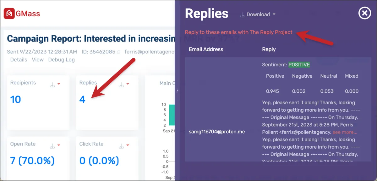 Click the number of replies in the campaign report, then the Reply Project link