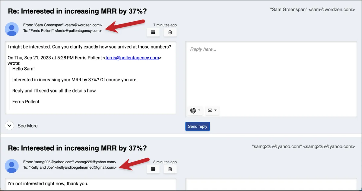 Send responses to replies from the correct email addresses
