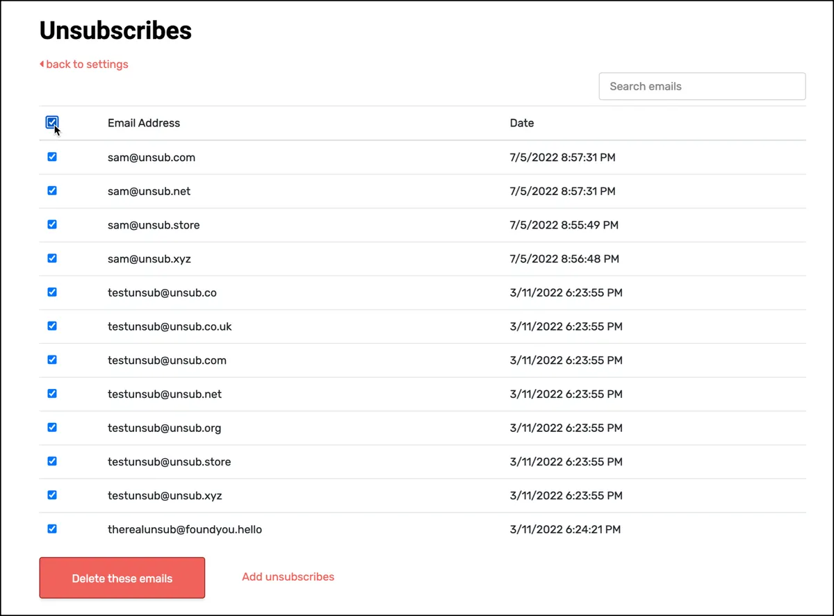Check the box to unsubscribe all