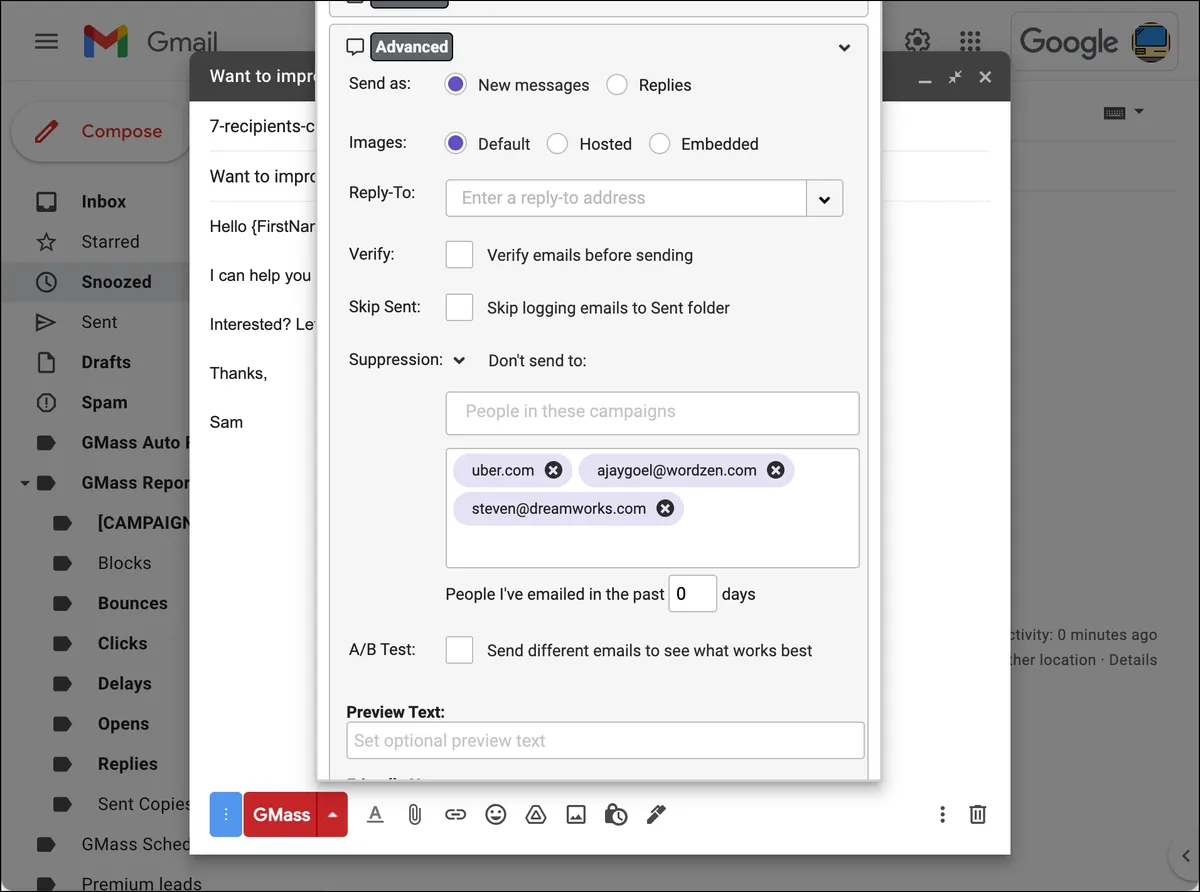 Suppressing emails to specific emails or domains