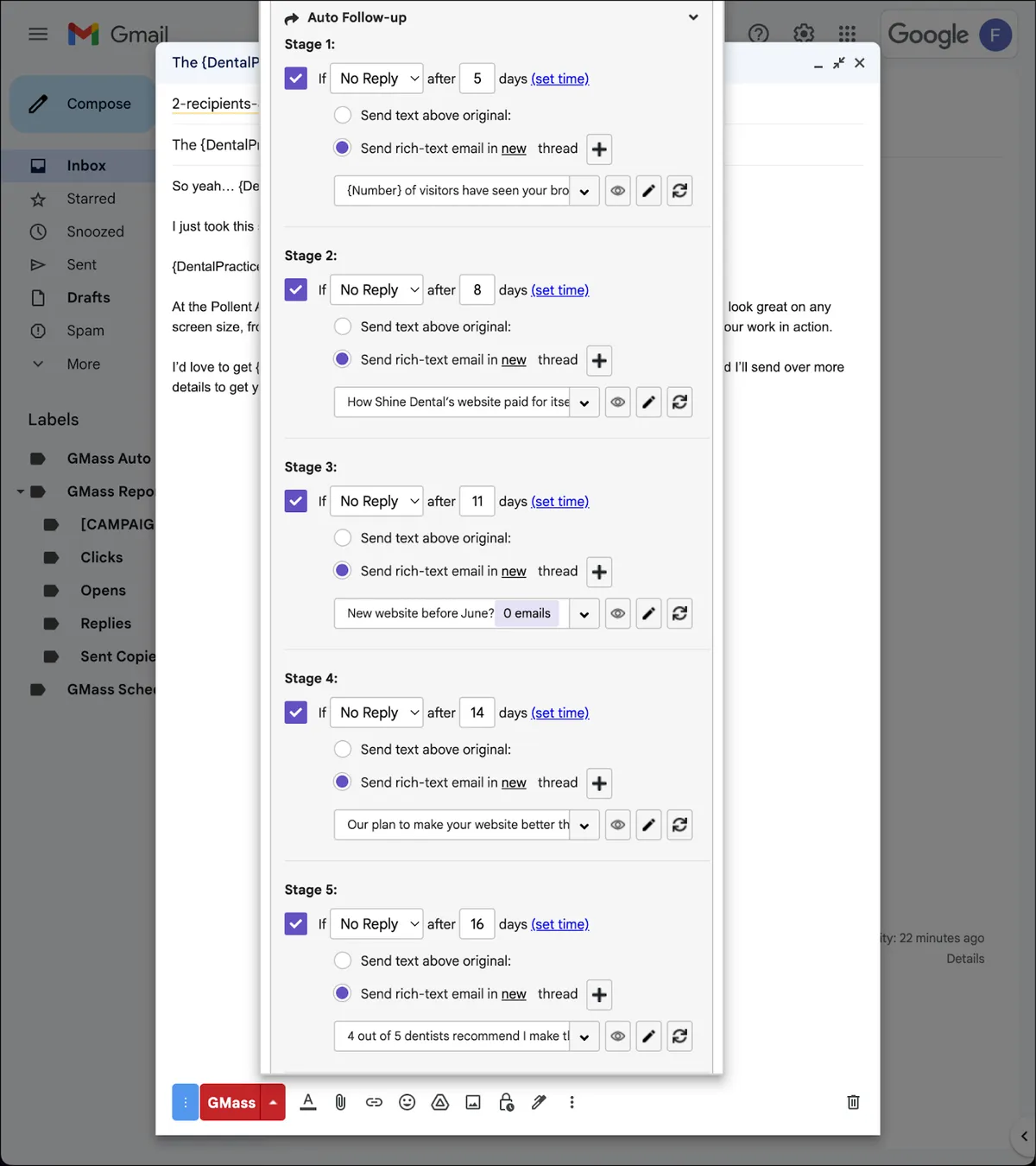 All of the follow up templates for objection handling in GMass