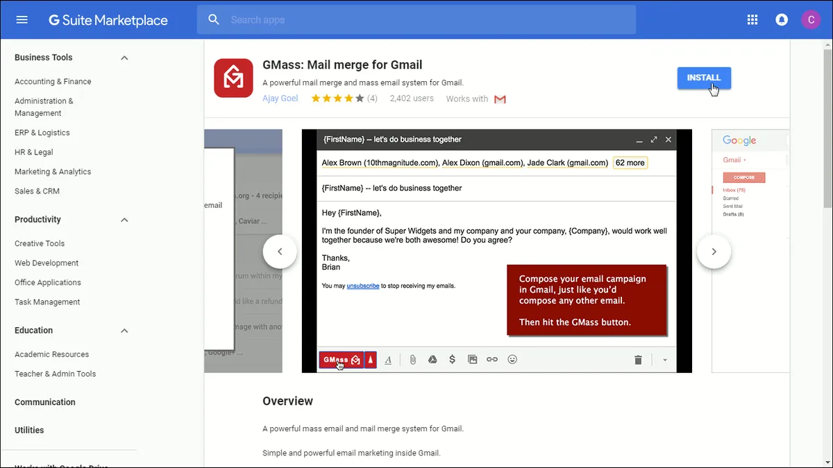 Showing window of Gmail Add-ons, about to click the Install button for GMass Add-on