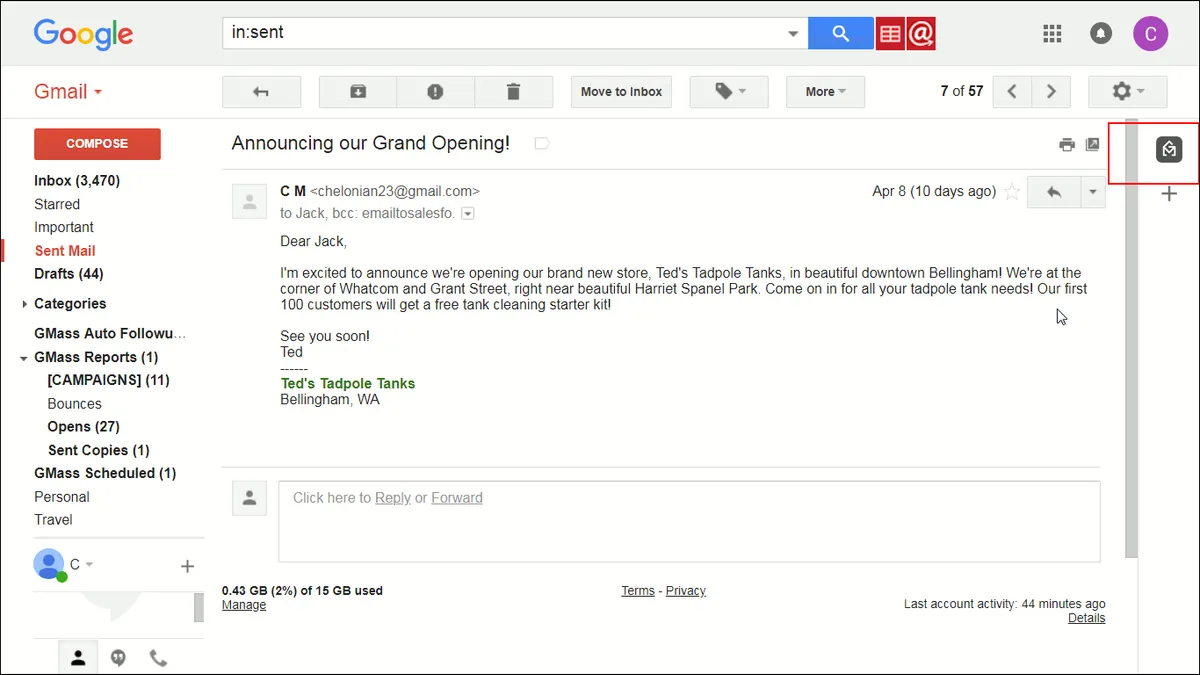 Showing Gmail window open with GMass for Gmail Add-on indicated at the right of the screen.