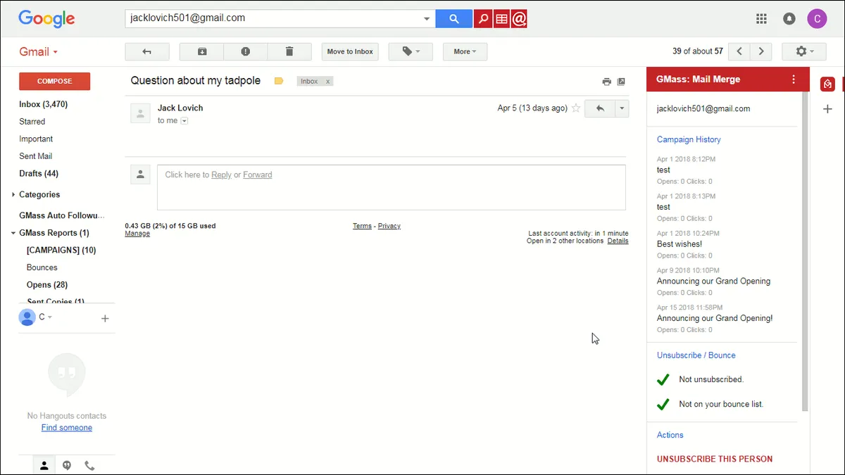 Shows Gmail window with the GMass campaign history shown for this user, Jack Lovich.