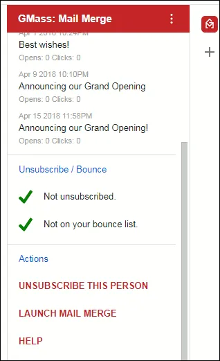 Shows the lower part of the GMass for Gmail Add-on section of Gmail.