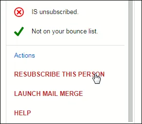 Showing about to click "Resubscribe this person" in the GMass for Gmaill Add-on.