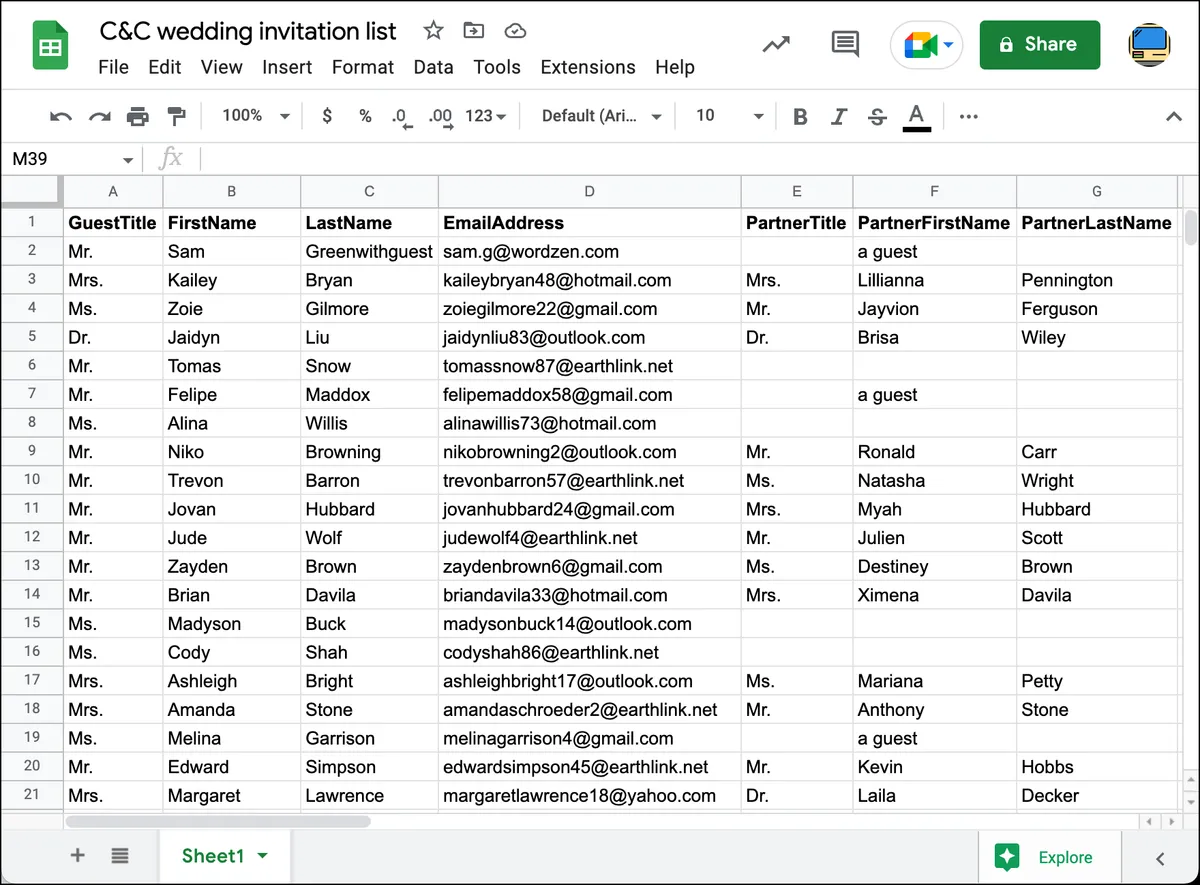 Google Sheet of wedding guests