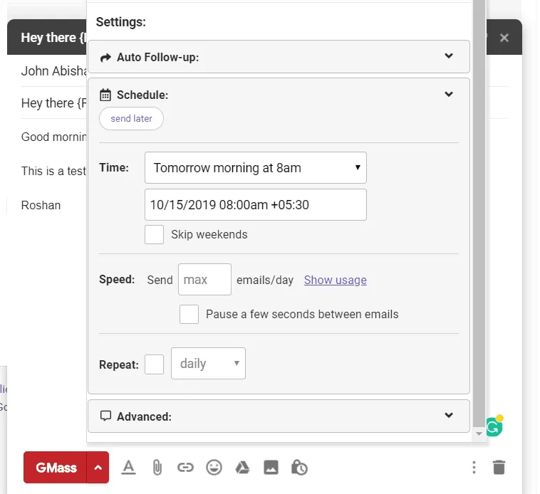Gmass interface showing scheduling window