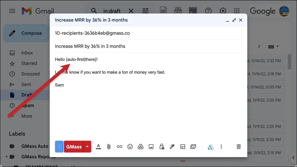 Using the auto-first merge tag in GMass