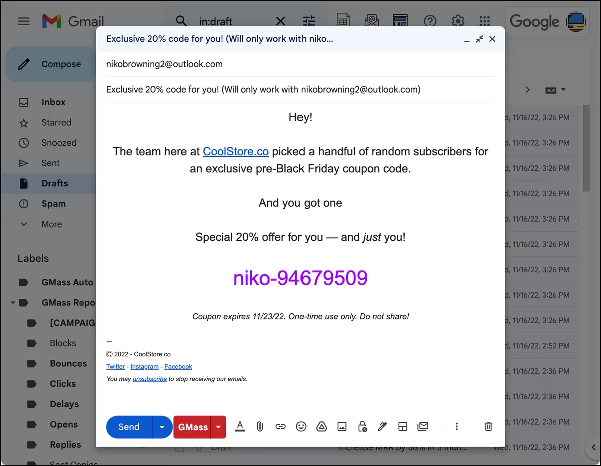 A coupon code in an email