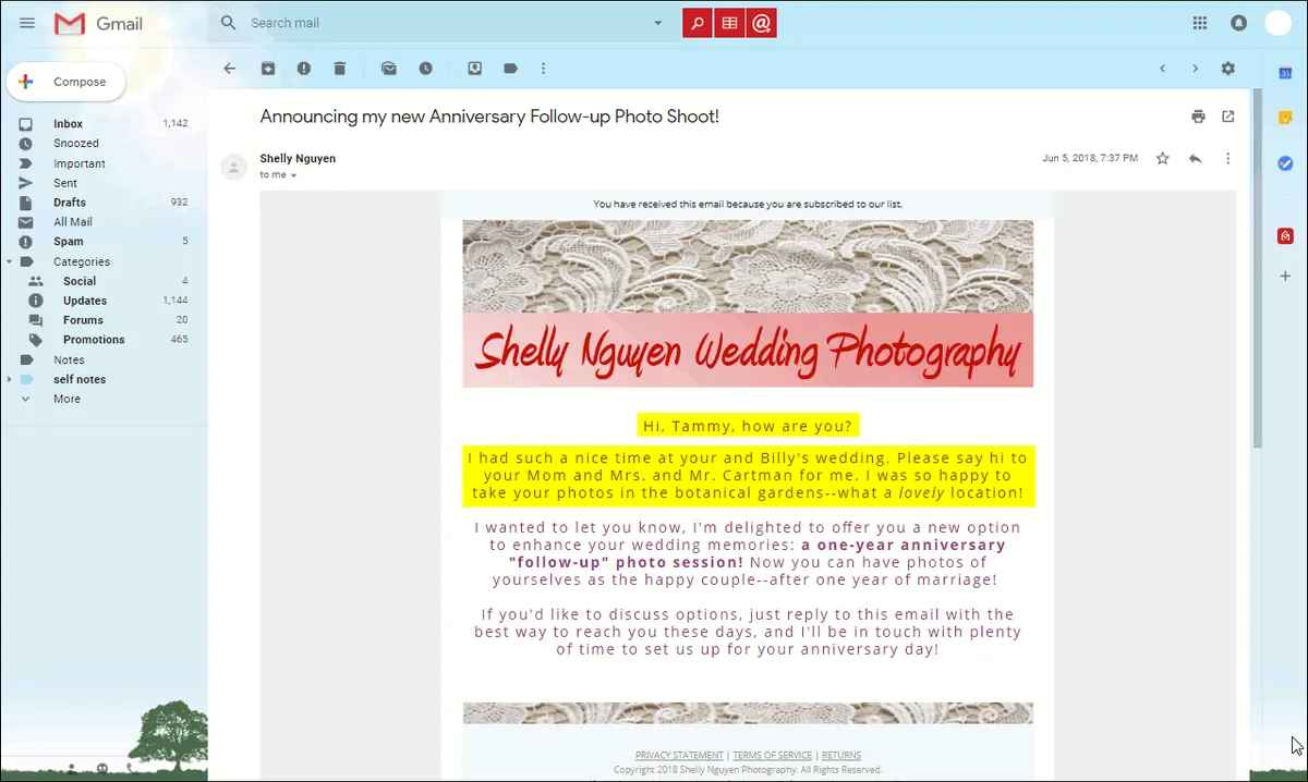 The received multi-lined text personalized HTML email shown in the browser.
