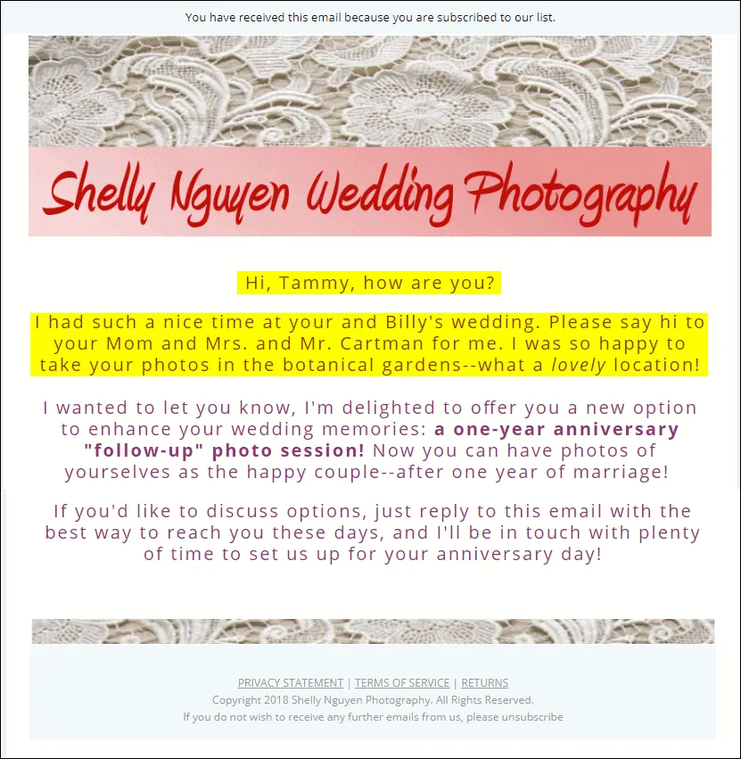 A detail of the email received.