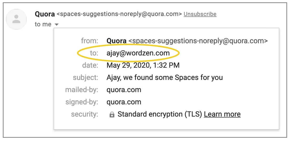 unpersonalized Quora TO header