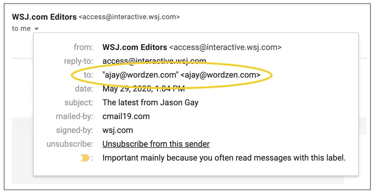 unpersonalized Wall Street Journal TO header