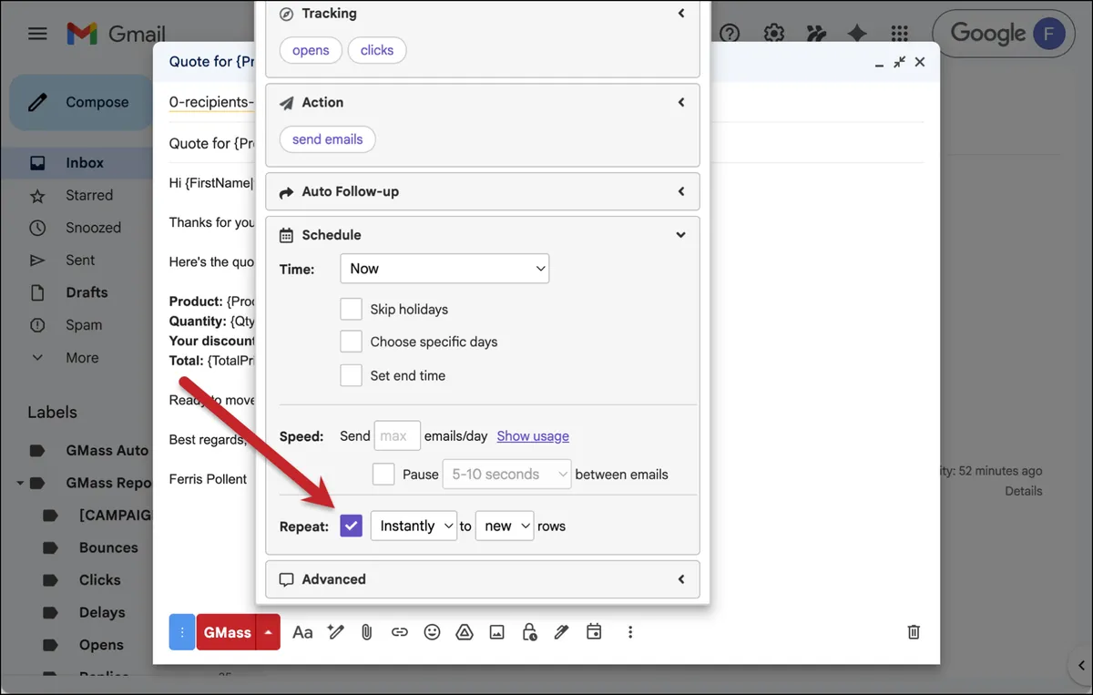 Set up recurrence instantly to new rows