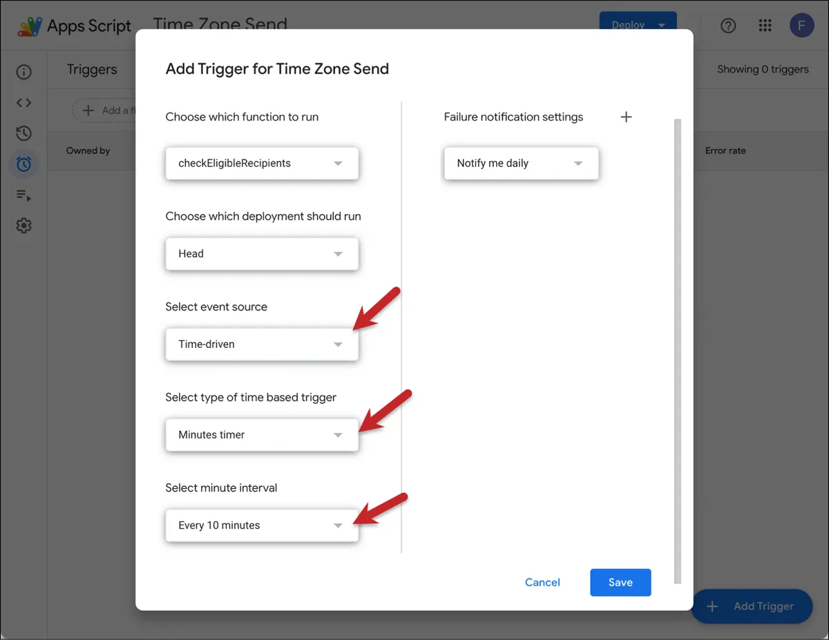 Set up the time-based trigger settings