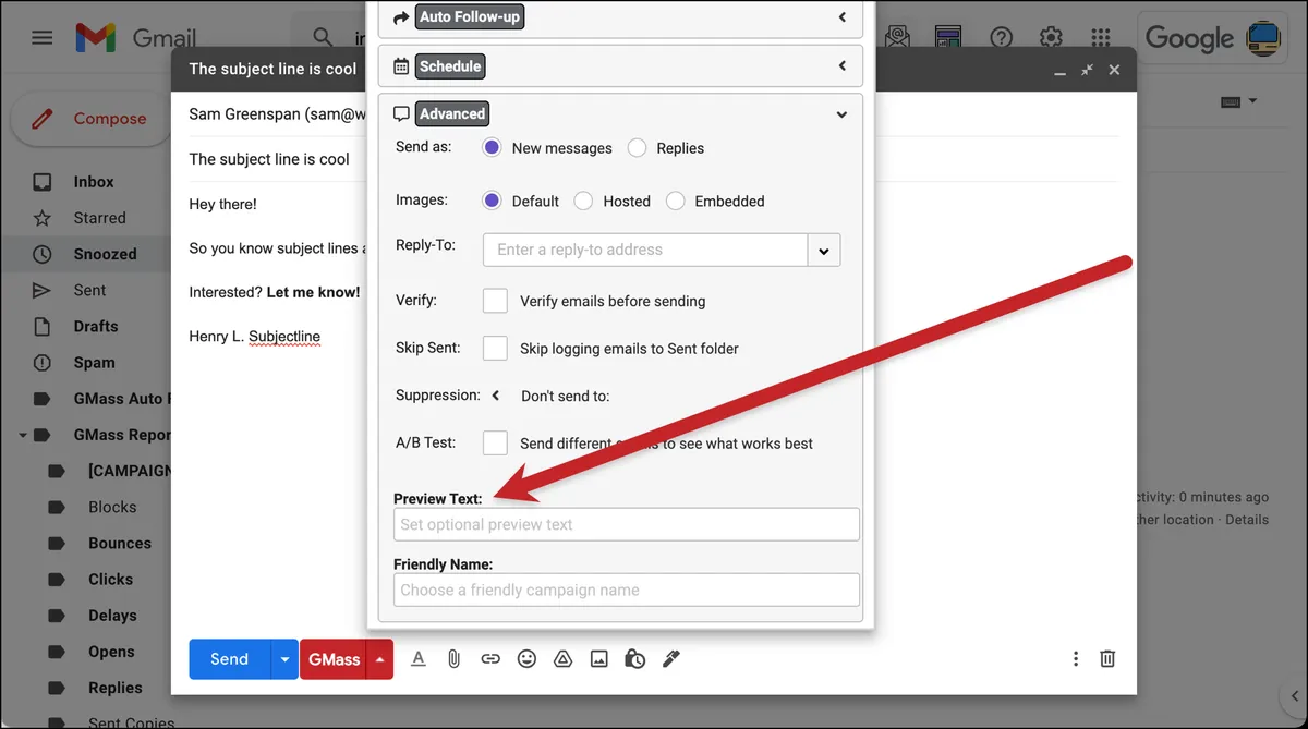The preview text option in GMass