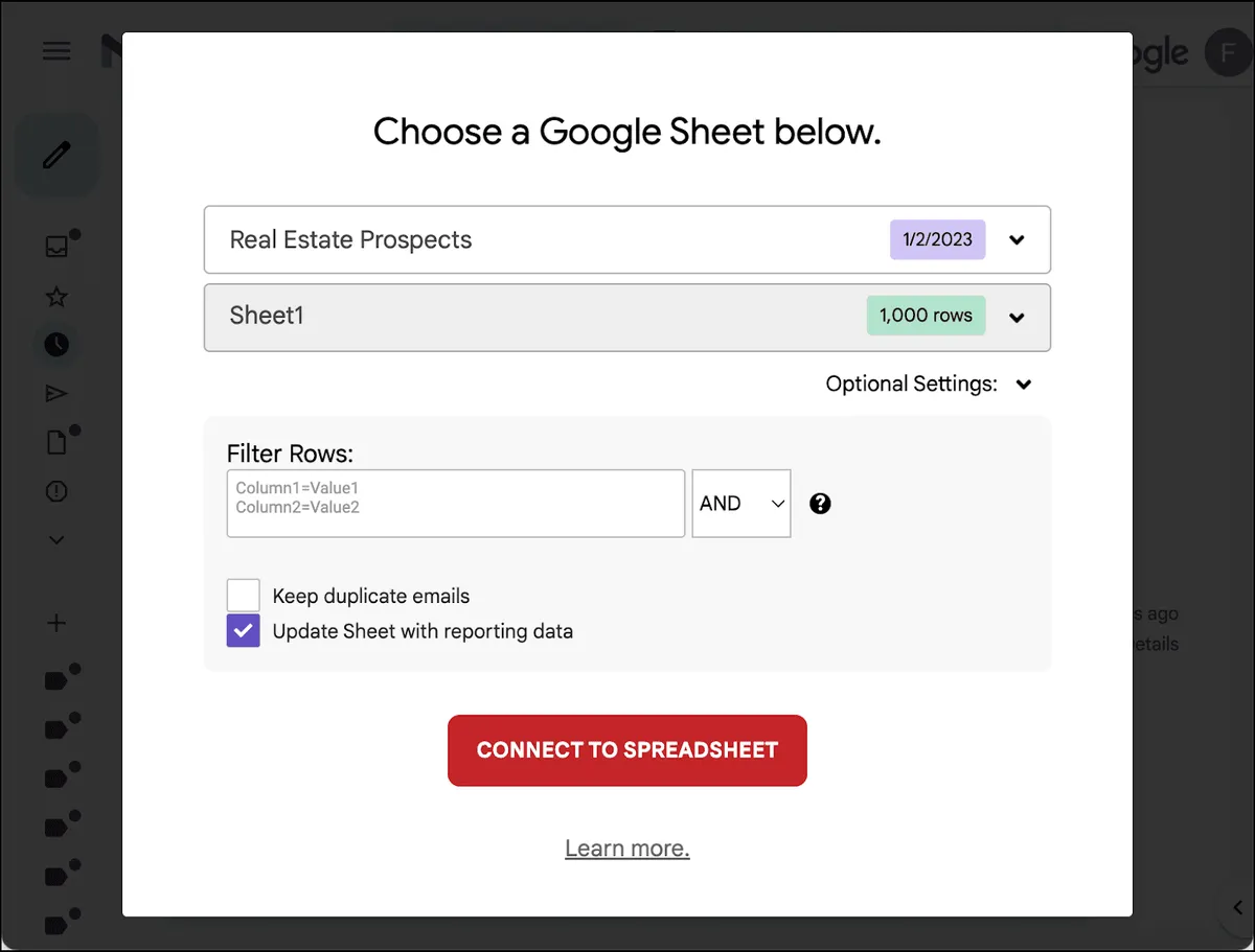 Connect to your spreadsheet of prospects.
