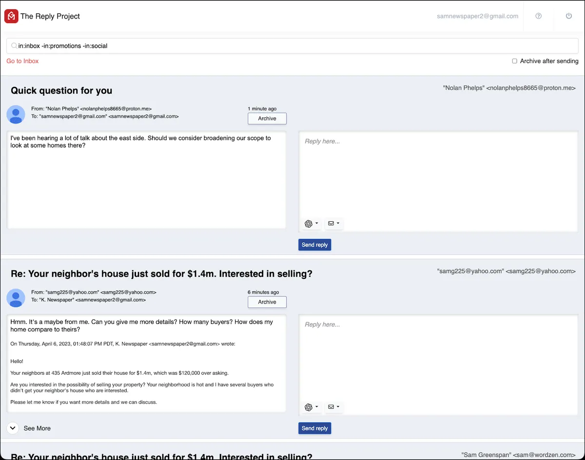 The Reply Project main interface