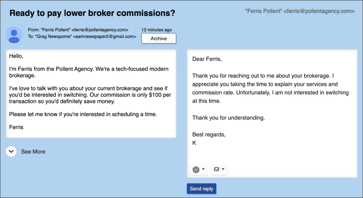 A ChatGPT generated email reply