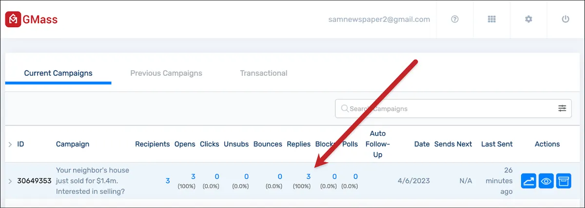 Replies in the GMass dashboard