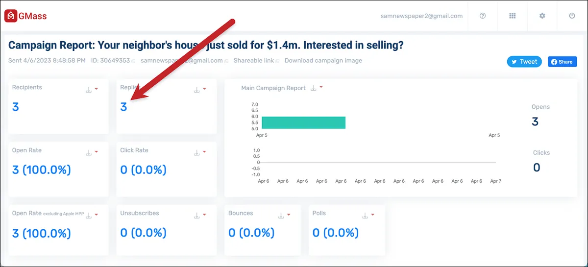 Replies in the GMass web-based report