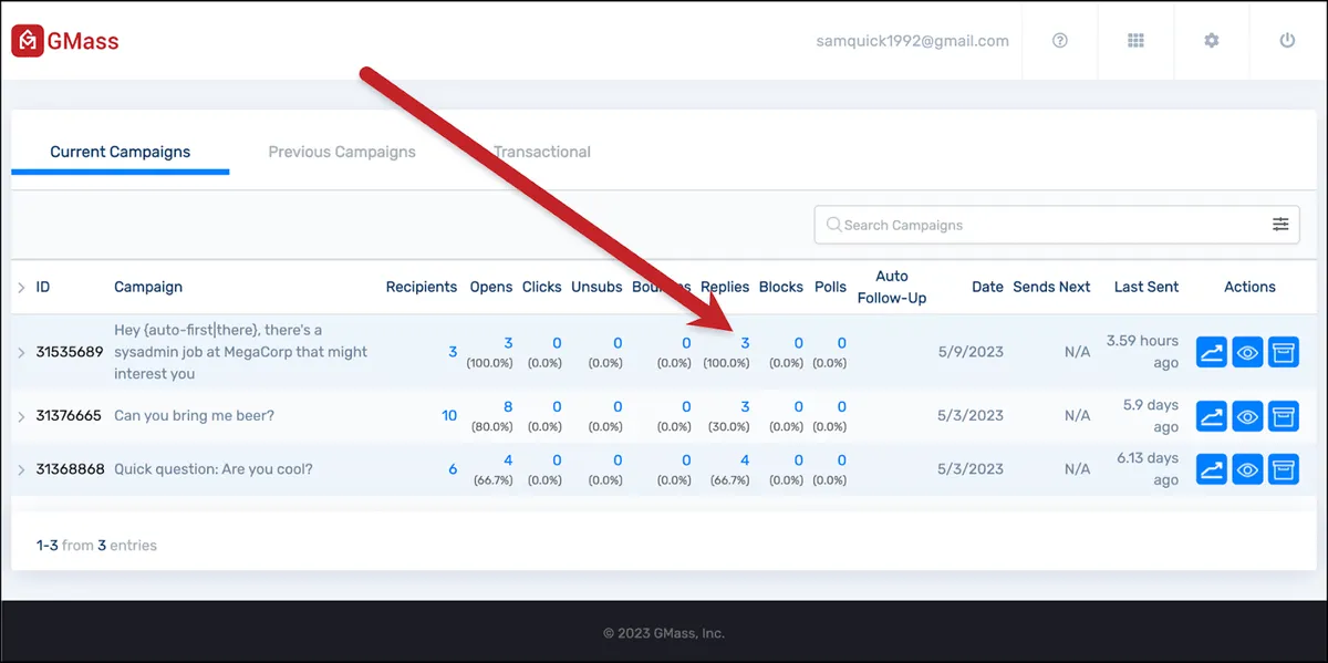 Click replies in the dashboard